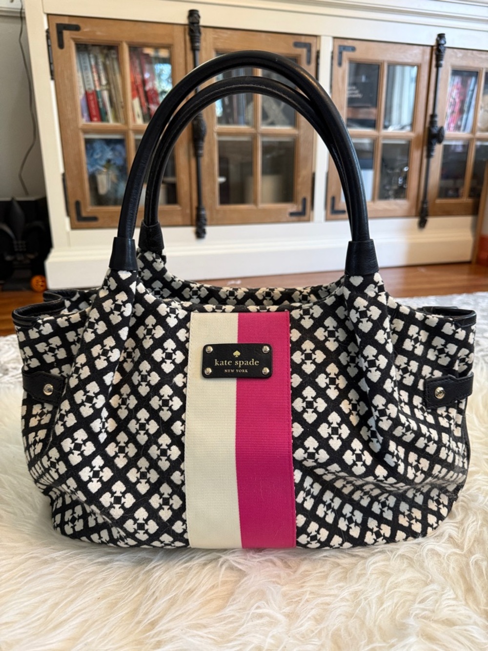 kate spade Black & White Geometric Satchel with Pink & Cream Stripes